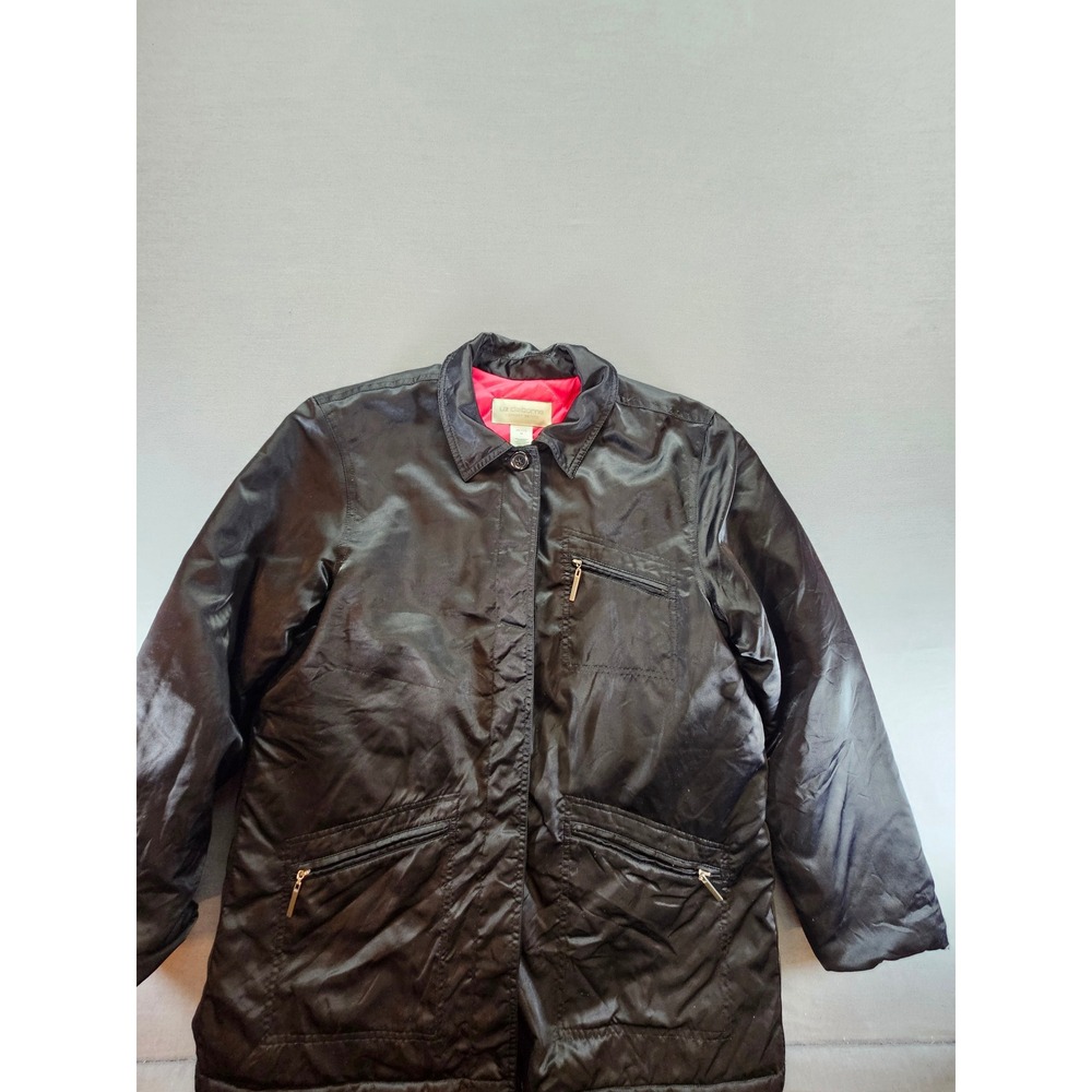 Liz Claiborne Sport Petite Black Satin Quilted Jacket Pink Lining Size PL